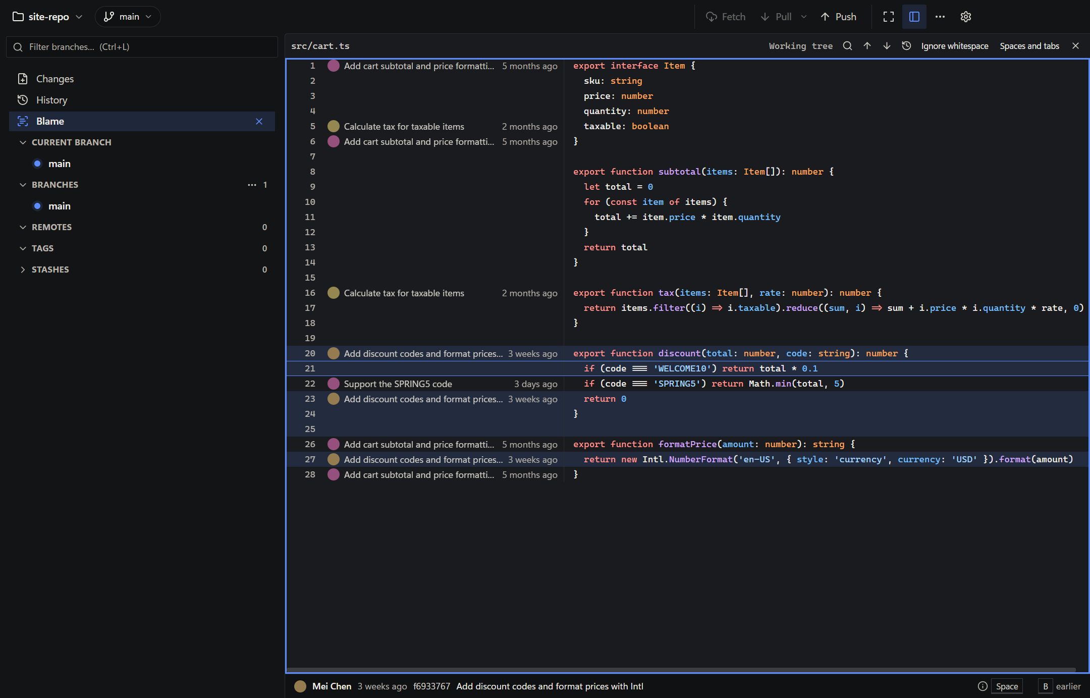 Oak's Blame view with each block's commit beside the code and the cursor line's commit in the footer, in Oak's dark theme.