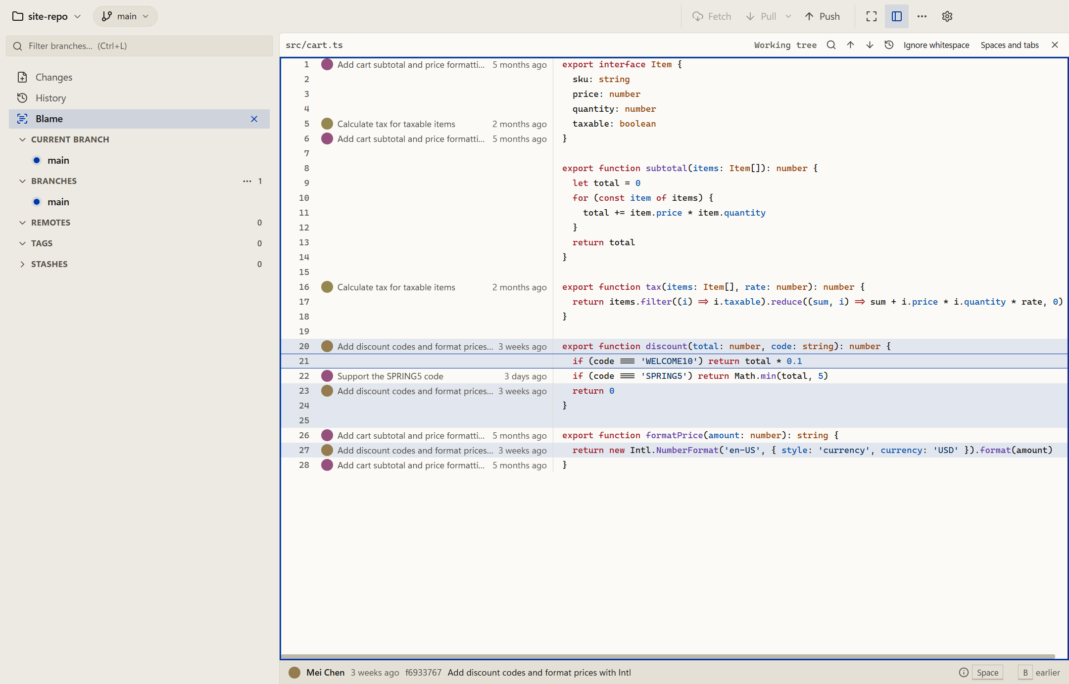 Oak's Blame view with each block's commit beside the code and the cursor line's commit in the footer, in Oak's light theme.