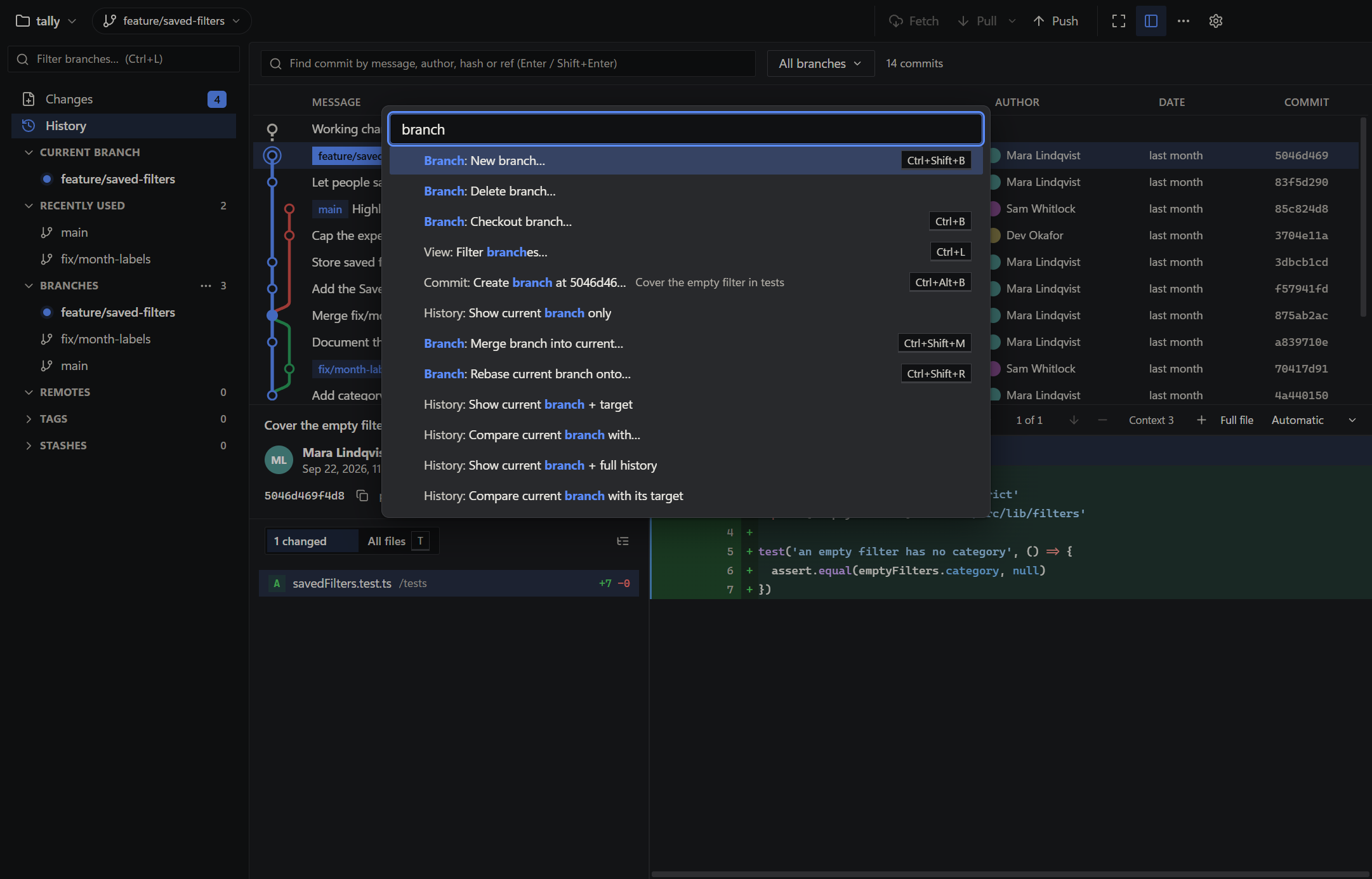 Oak's command palette showing matching commands and keyboard shortcuts, in Oak's dark theme.