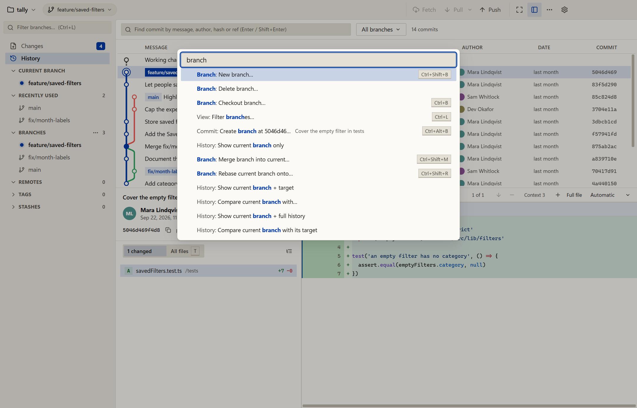 Oak's command palette showing matching commands and keyboard shortcuts, in Oak's light theme.