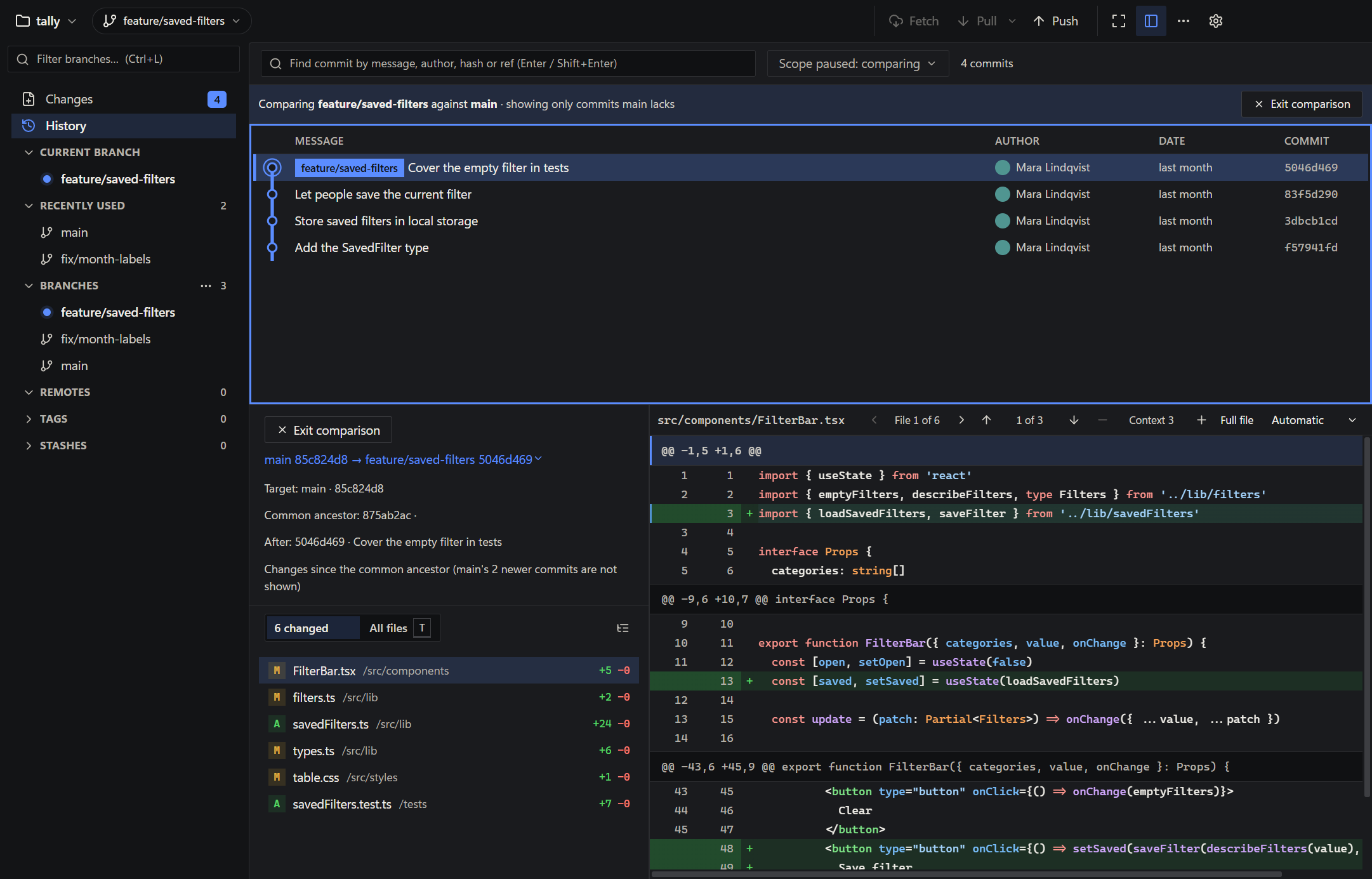 Oak's branch comparison with the changed files list and a diff, in Oak's dark theme.
