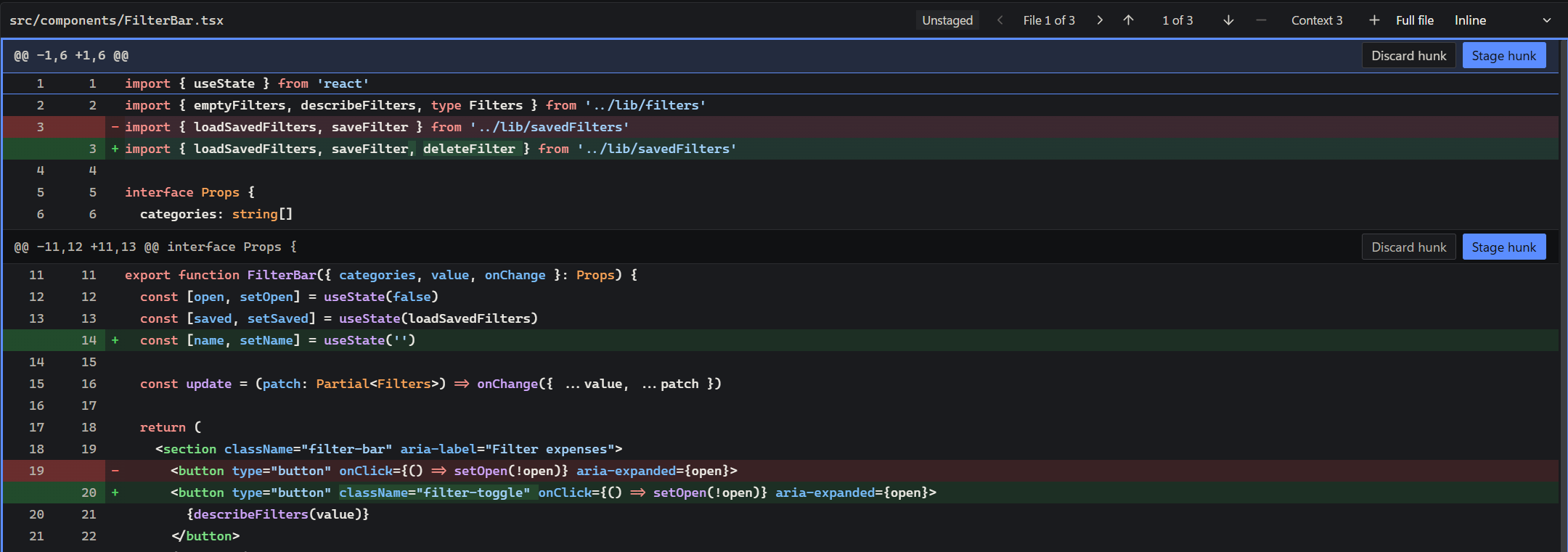 A diff in the inline layout, in Oak's dark theme.