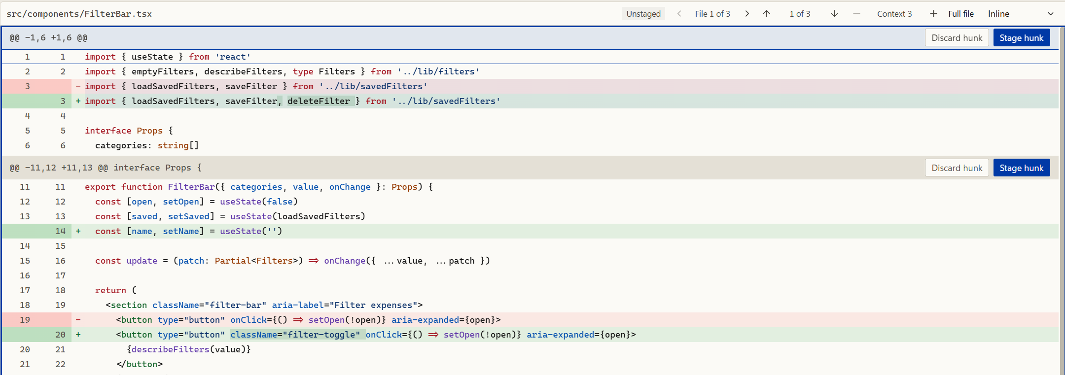 A diff in the inline layout, in Oak's light theme.