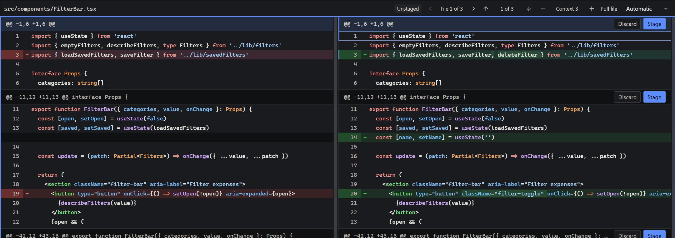 A diff in the side by side layout, in Oak's dark theme.