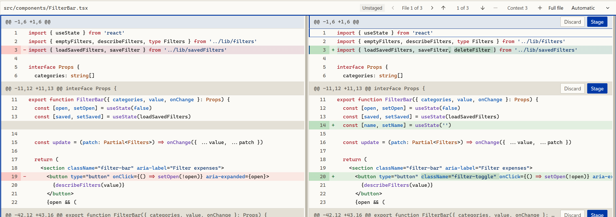 A diff in the side by side layout, in Oak's light theme.