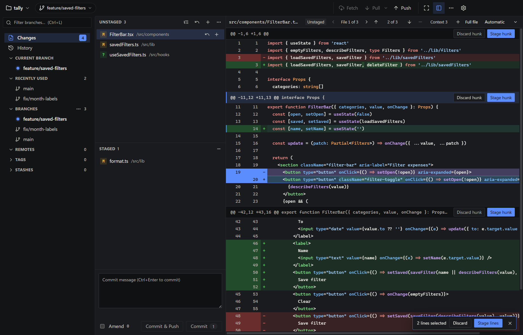 Oak's Changes view with two diff lines selected and a Stage lines button, in Oak's dark theme.