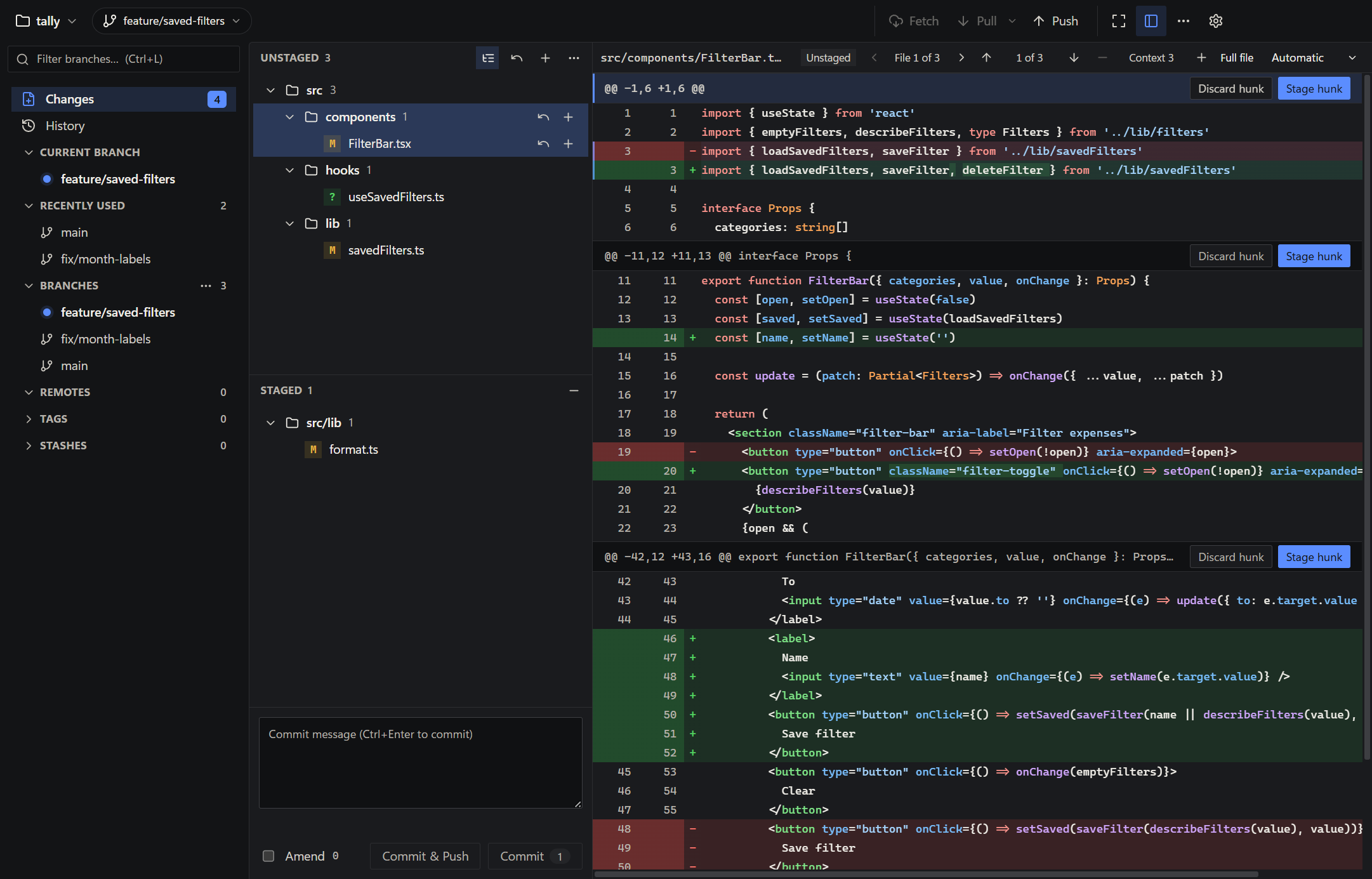 Oak's Changes view with files grouped by folder and a folder selected, in Oak's dark theme.