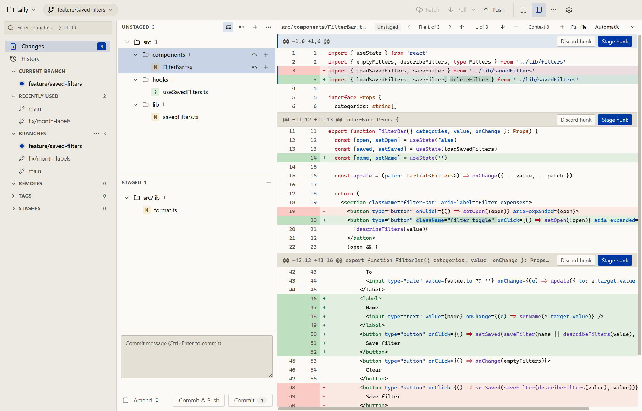 Oak's Changes view with files grouped by folder and a folder selected, in Oak's light theme.